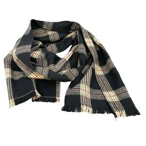 Black White Red Plaid Scarf 60" x 10"  Fringe Edge Woven Soft Acrylic Long